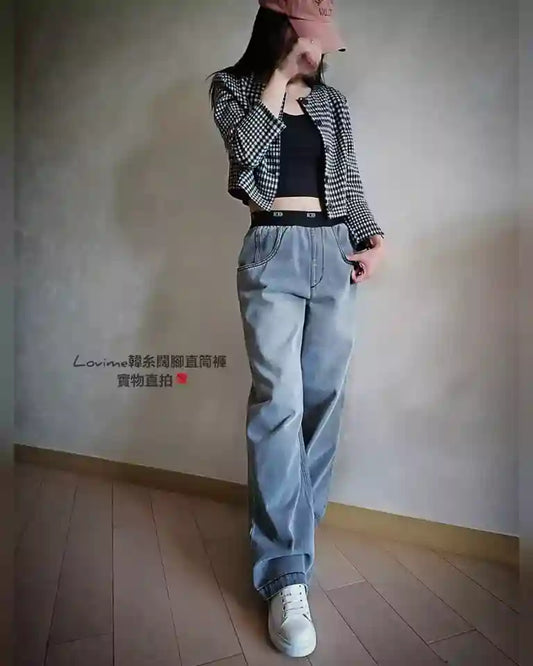 灰色全橡筋闊脚牛仔褲 Grey elastic waistband wide denim pants